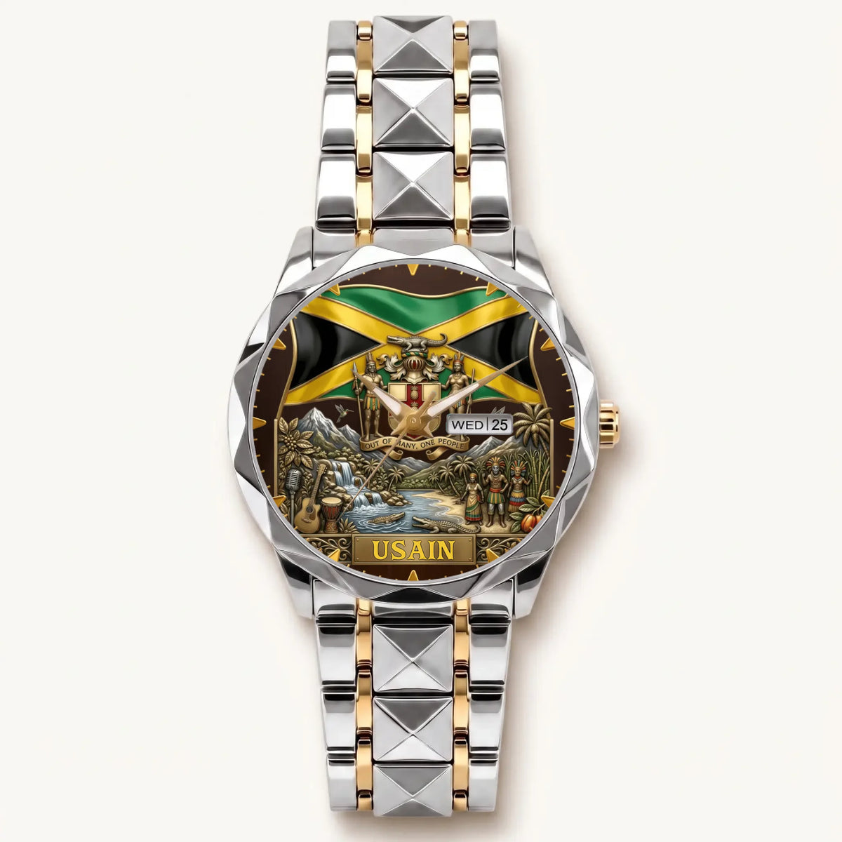Personalized Jamaican heritage watch - two-tone bracelet with silver-tone bezel