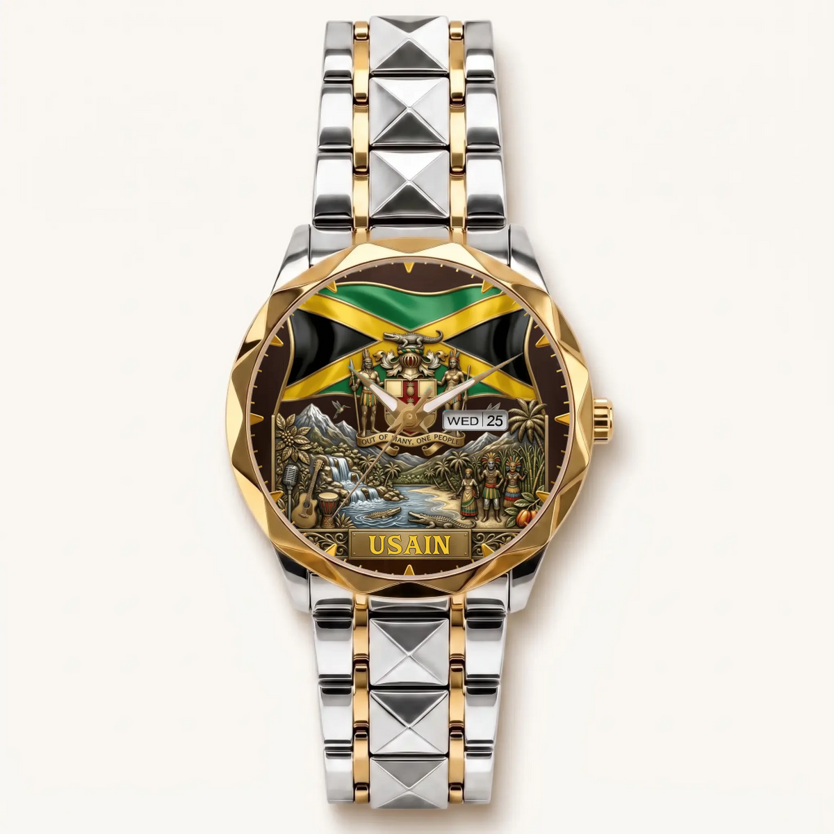 Personalized Jamaican heritage watch - two-tone bracelet with gold-tone bezel