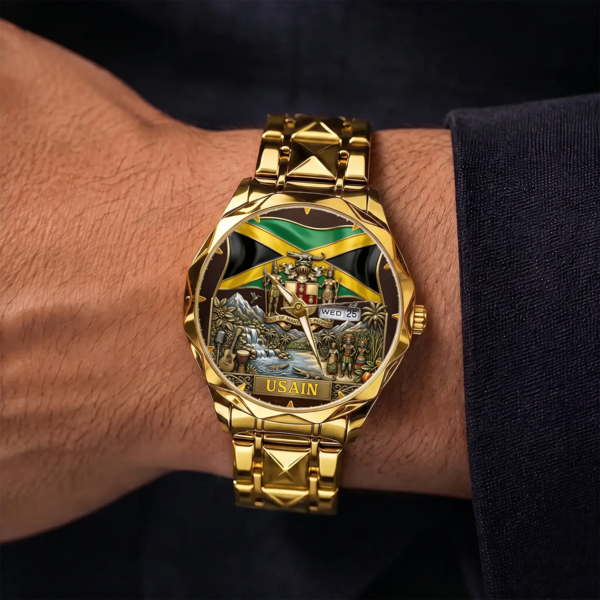 Personalized Jamaican heritage watch - gold-tone faceted bracelet shown on the wrist