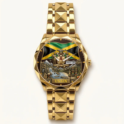 Personalized Jamaican heritage watch - gold-tone faceted bracelet and day-date display