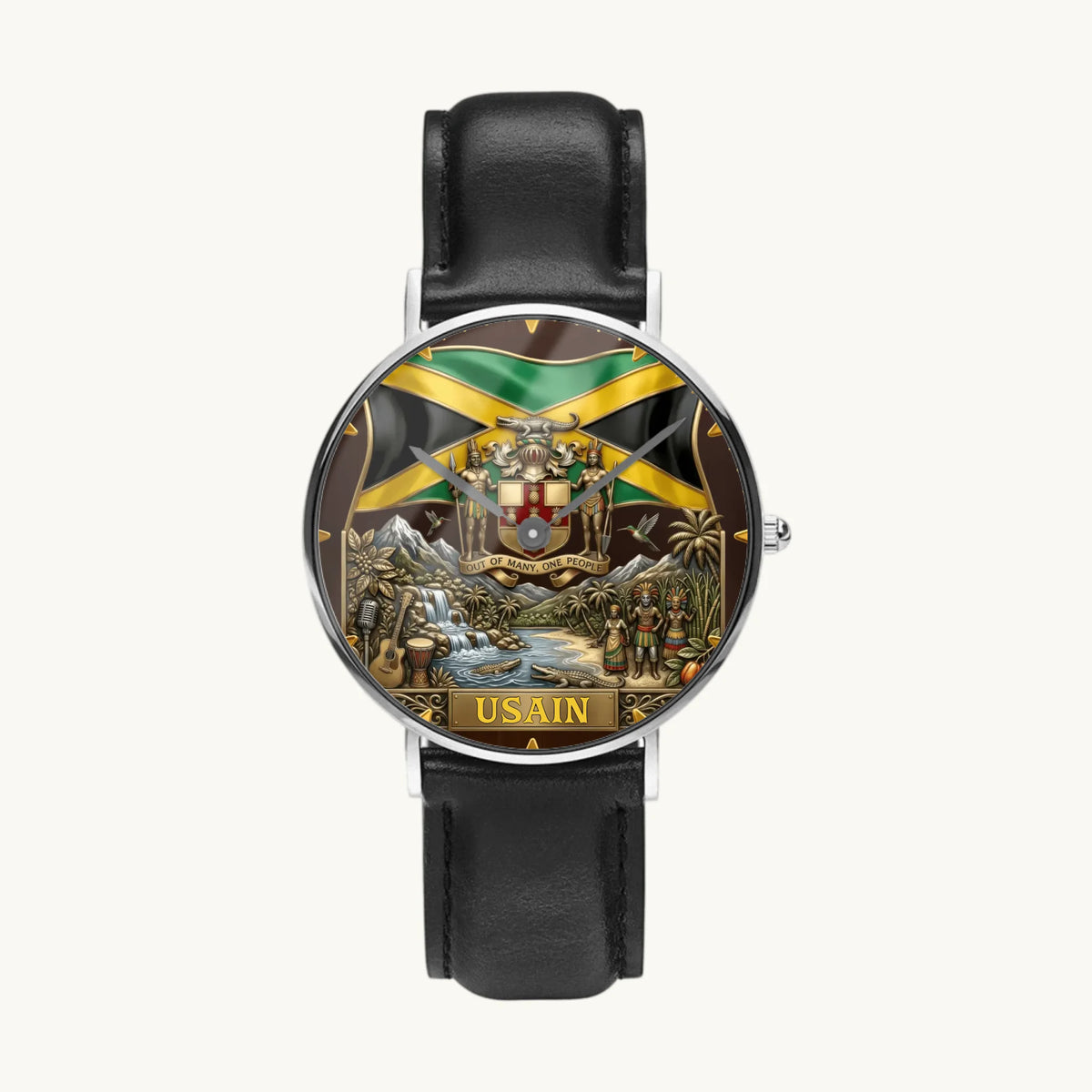 Personalized Jamaican heritage watch - silver-tone case and black leather strap, front view