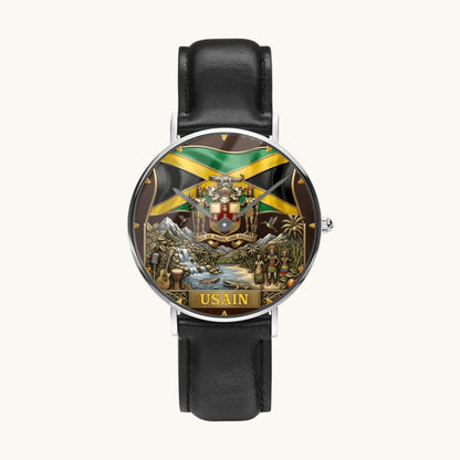 Personalized Jamaican heritage watch - silver-tone case and black leather strap, front view