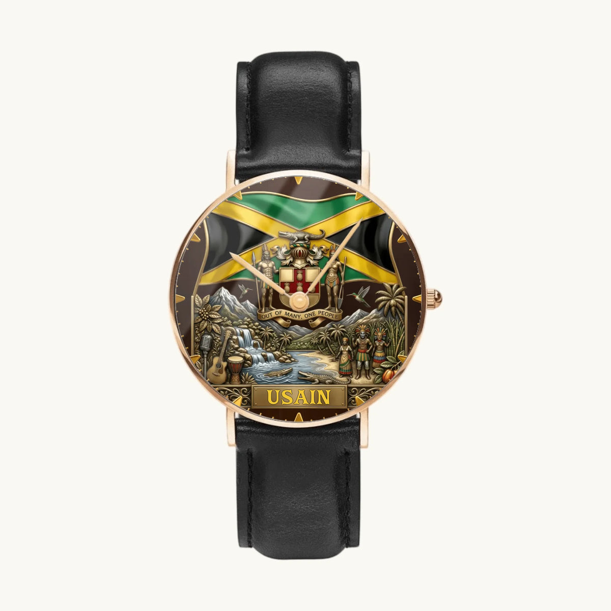 Personalized Jamaican heritage watch - rose-gold-tone case and black leather strap, front view