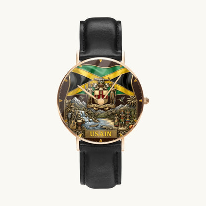 Personalized Jamaican heritage watch - rose-gold-tone case and black leather strap, front view