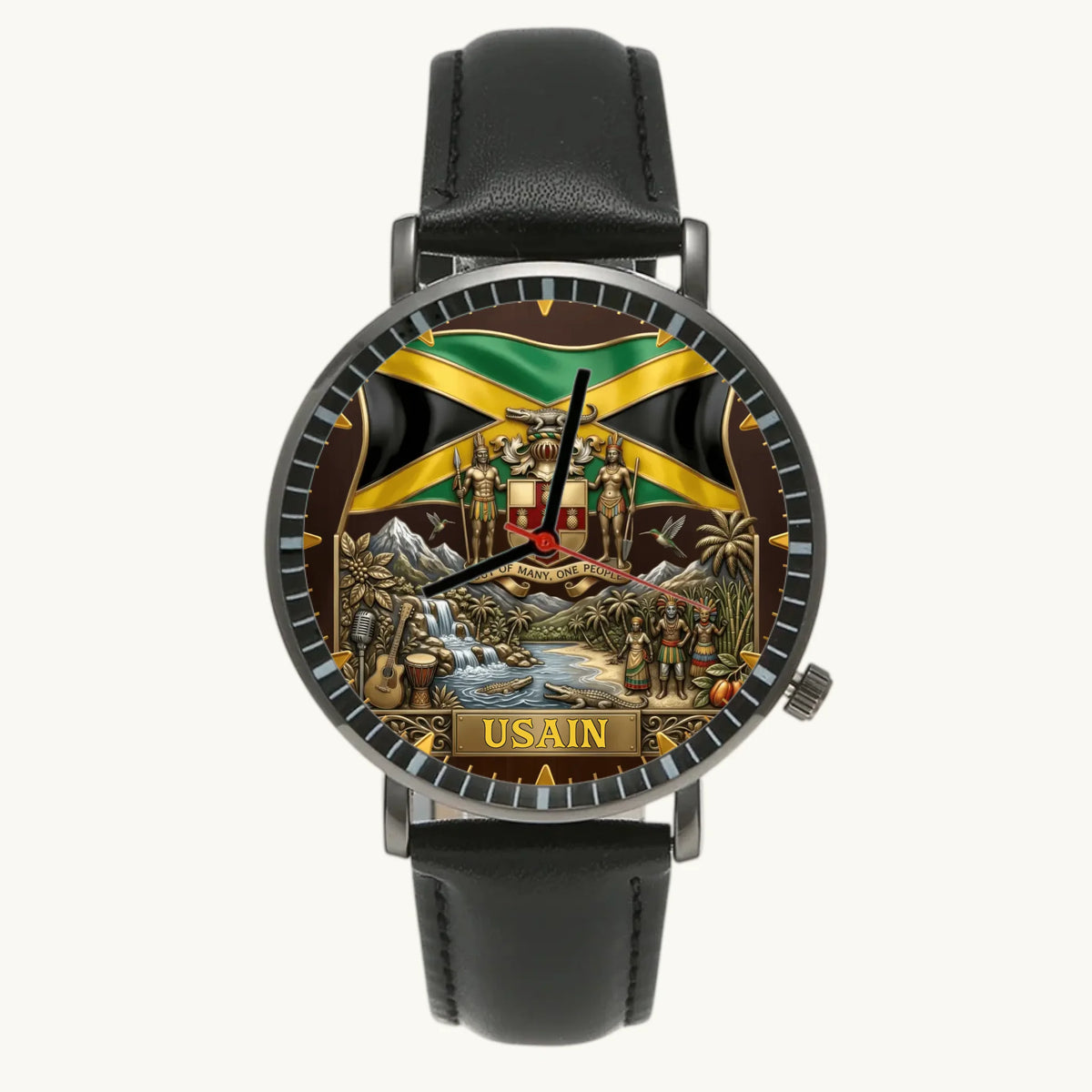 Personalized Jamaican heritage watch - black case and black leather strap, front view