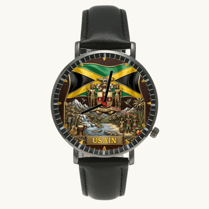 Personalized Jamaican heritage watch - black case and black leather strap, front view