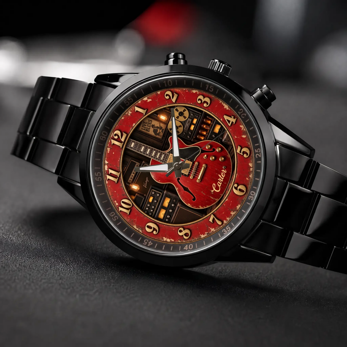 Personalized guitar watch - black metal bracelet, angled view on a dark surface