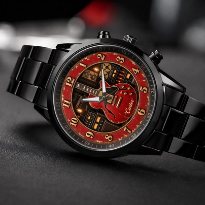 Personalized guitar watch - black metal bracelet, angled view on a dark surface