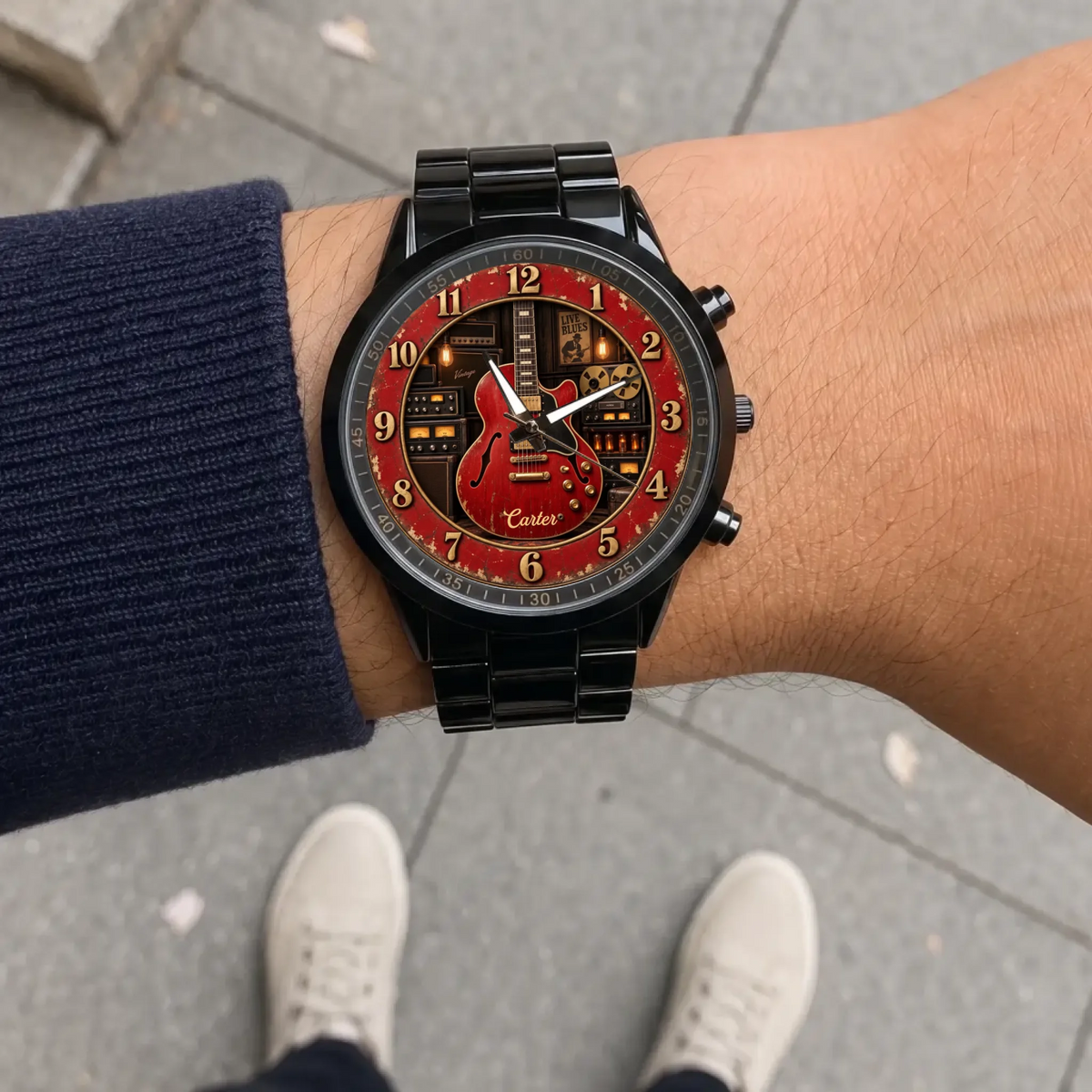 Personalized guitar watch - black metal bracelet worn outdoors