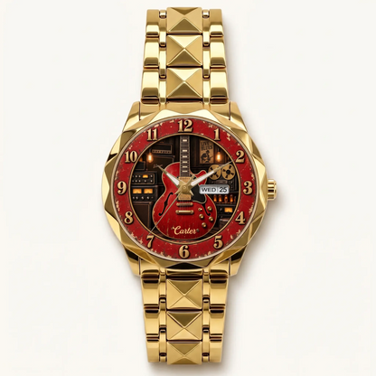 Personalized guitar watch - gold-tone faceted bracelet and day-date display