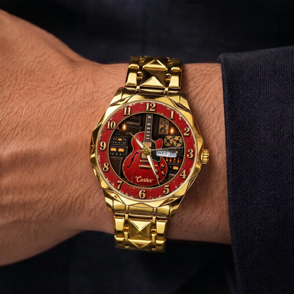 Personalized guitar watch - gold-tone faceted bracelet shown on the wrist