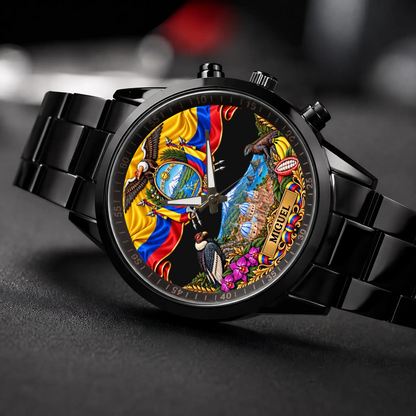 Personalized Ecuador watch - black metal bracelet, angled view on a dark surface