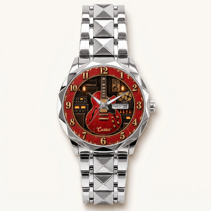 Personalized guitar watch - silver-tone faceted bracelet and day-date display