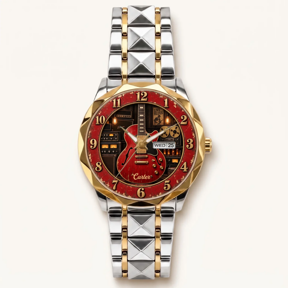 Personalized guitar watch - two-tone bracelet with gold-tone bezel