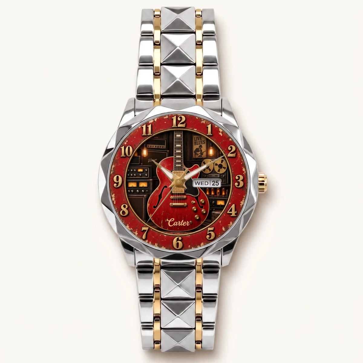 Personalized guitar watch - two-tone bracelet with silver-tone bezel