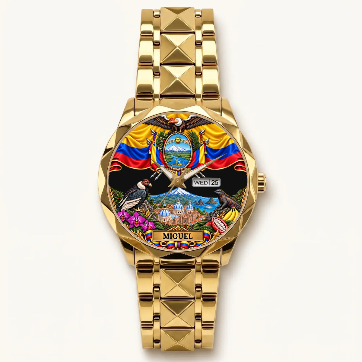Personalized Ecuador watch - gold-tone faceted bracelet and day-date display