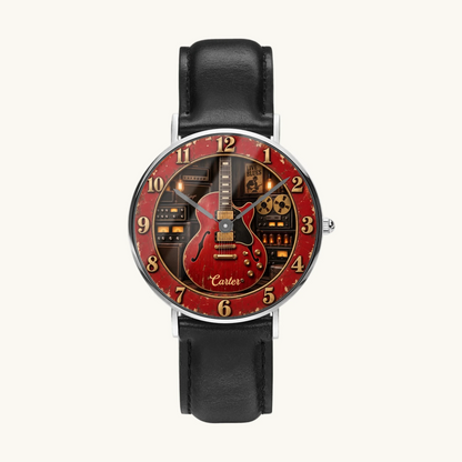 Personalized guitar watch - silver-tone case and black leather strap, front view