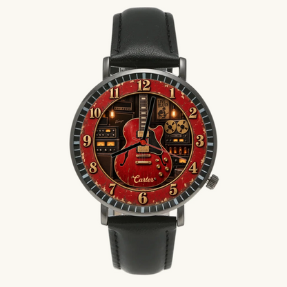 Personalized guitar watch - black case and black leather strap, front view