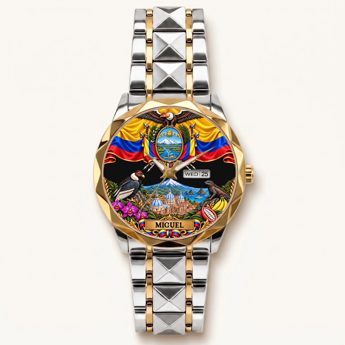 Personalized Ecuador watch - two-tone bracelet with gold-tone bezel