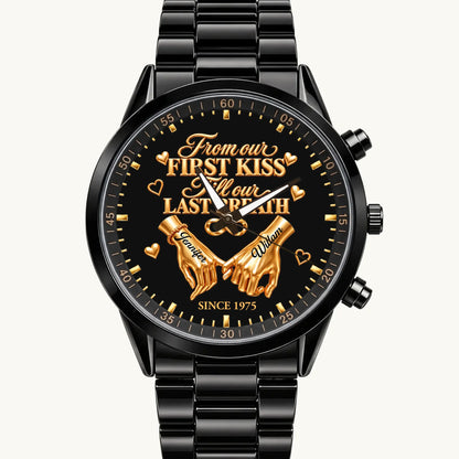 Personalized anniversary watch with First Kiss message, custom names and year, black metal bracelet