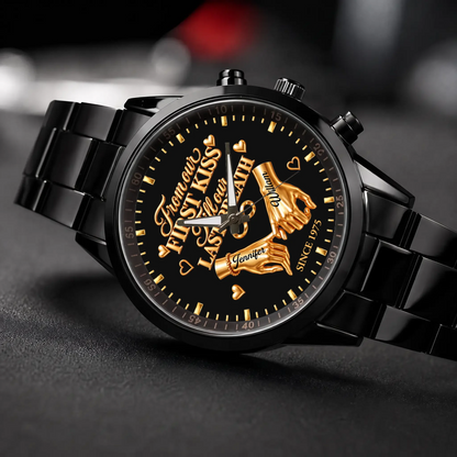 Personalized anniversary watch - black metal bracelet, angled view on a dark surface