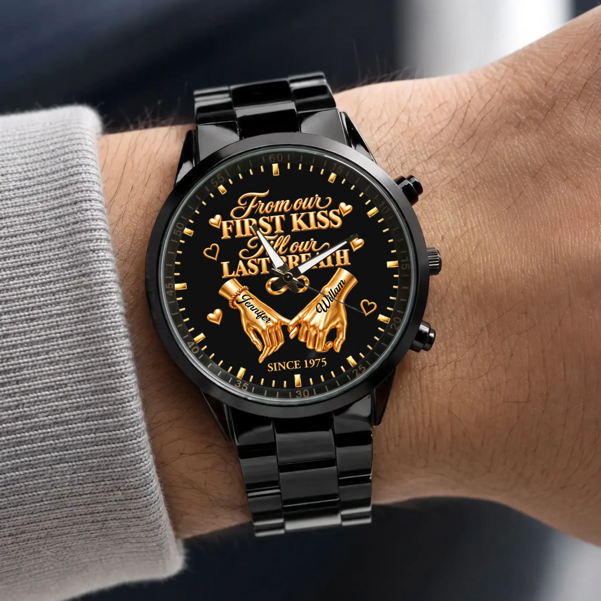 Personalized anniversary watch - black metal bracelet worn with a gray sweater