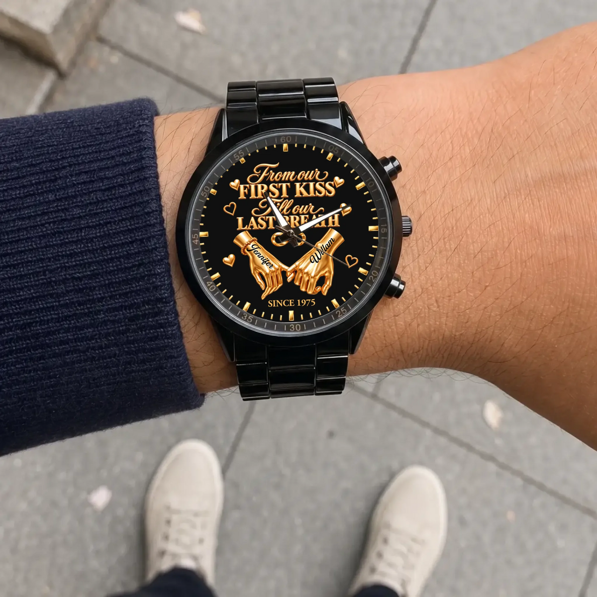 Personalized anniversary watch - black metal bracelet worn outdoors