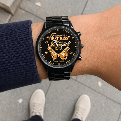 Personalized anniversary watch - black metal bracelet worn outdoors