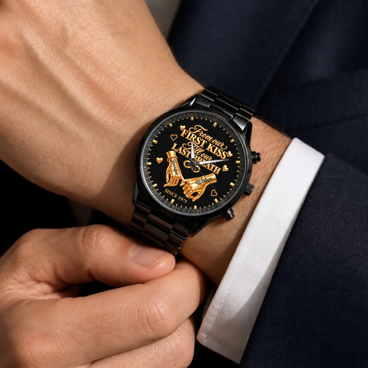 Personalized anniversary watch - black metal bracelet worn with a suit