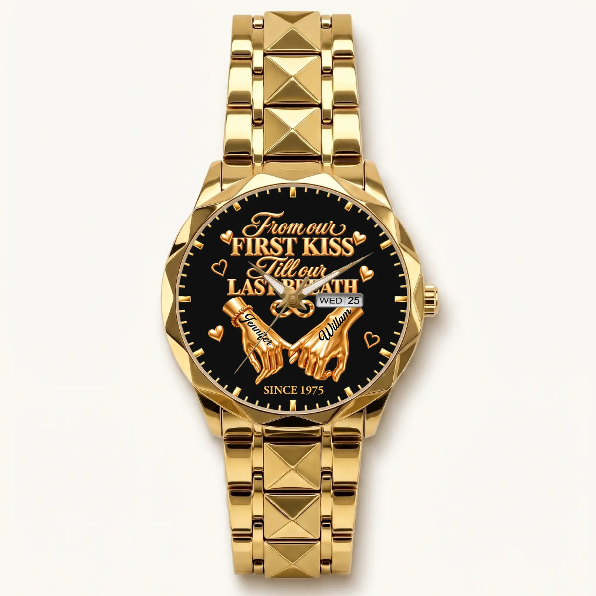 Personalized anniversary watch - gold-tone faceted bracelet and day-date display