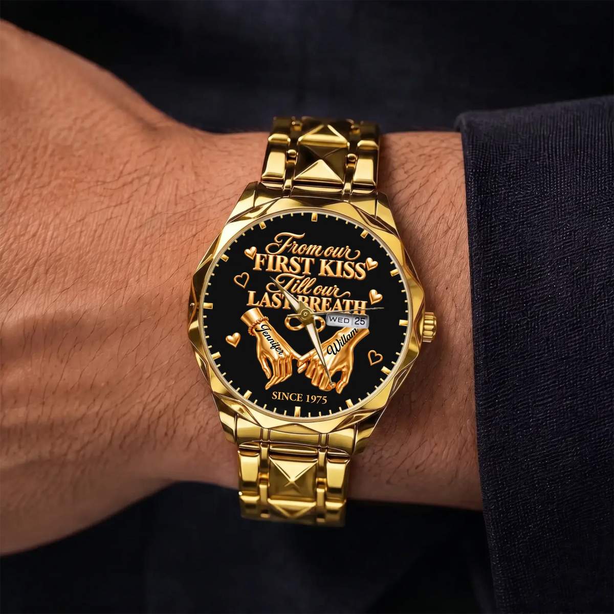 Personalized anniversary watch - gold-tone faceted bracelet shown on the wrist
