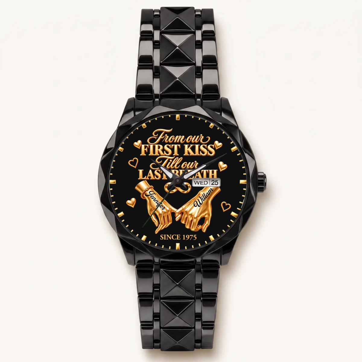 Personalized anniversary watch - black faceted bracelet and day-date display