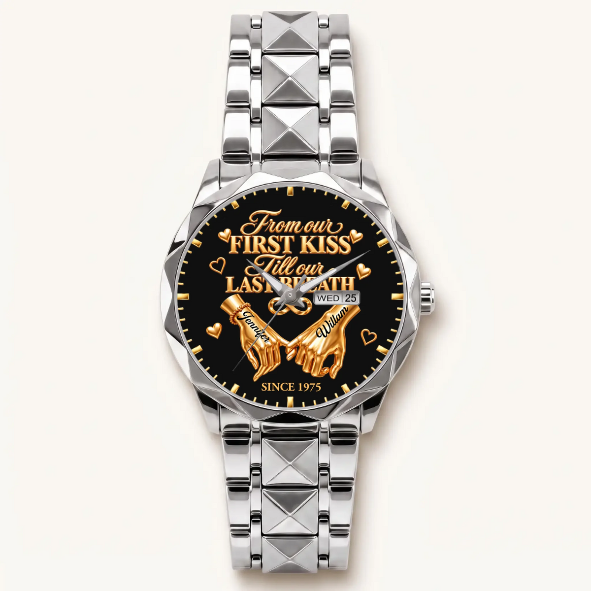 Personalized anniversary watch - silver-tone faceted bracelet and day-date display