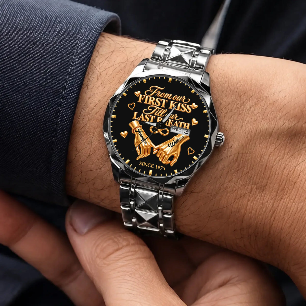 Personalized anniversary watch - silver-tone faceted bracelet worn with a suit