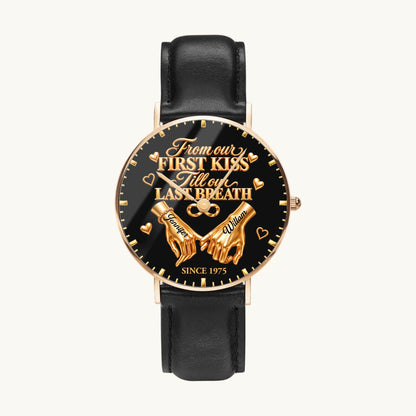 Personalized anniversary watch - rose-gold-tone case and black leather strap, front view