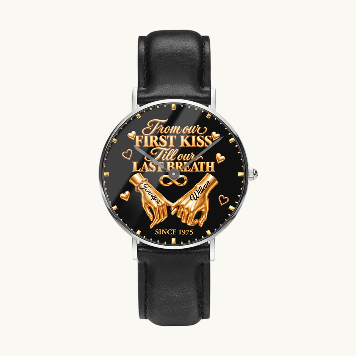 Personalized anniversary watch - silver-tone case and black leather strap, front view