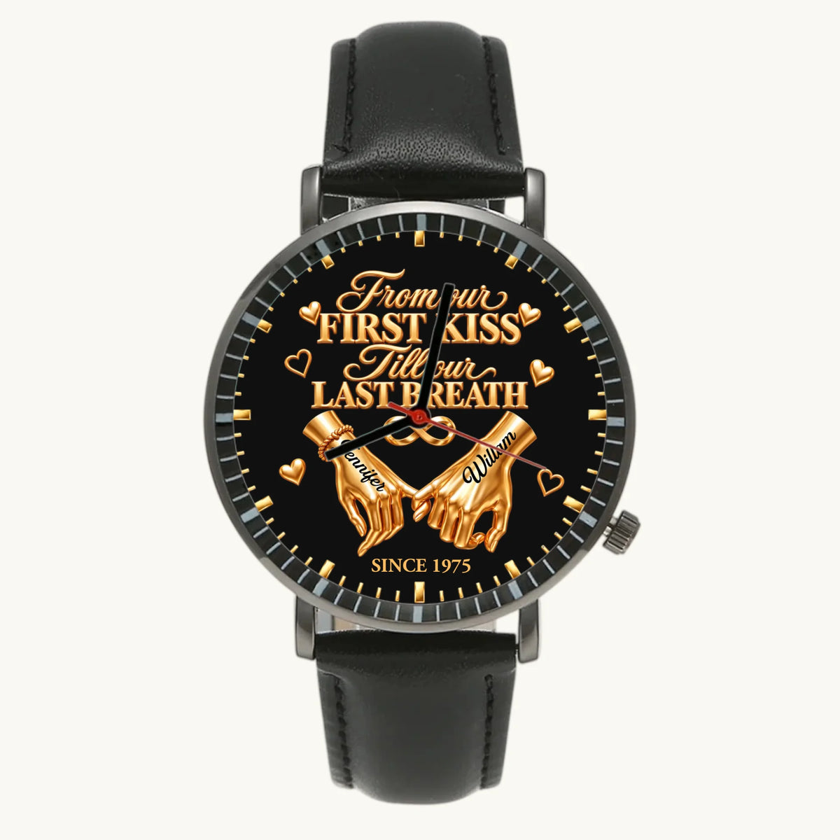 Personalized anniversary watch - black case and black leather strap, front view