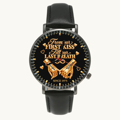Personalized anniversary watch - black case and black leather strap, front view