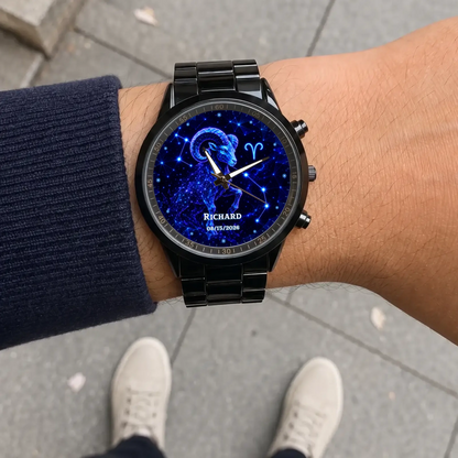 Personalized zodiac watch - black metal bracelet worn outdoors