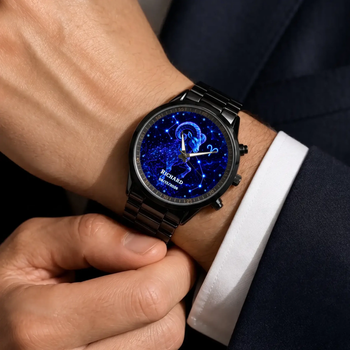 Personalized zodiac watch - black metal bracelet worn with a suit