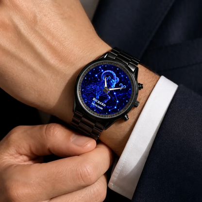 Personalized zodiac watch - black metal bracelet worn with a suit