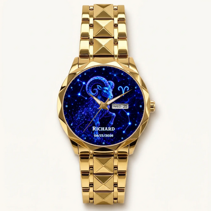 Personalized zodiac watch - gold-tone faceted bracelet and day-date display