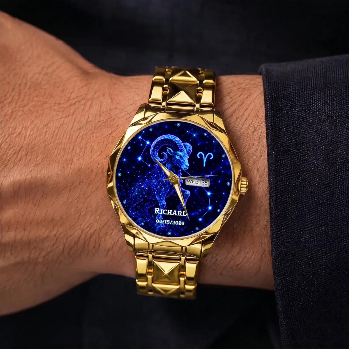 Personalized zodiac watch - gold-tone faceted bracelet shown on the wrist