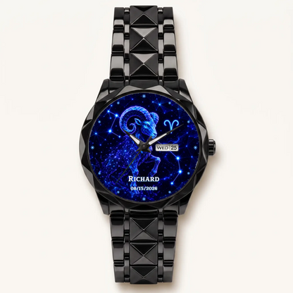 Personalized zodiac watch - black faceted bracelet and day-date display