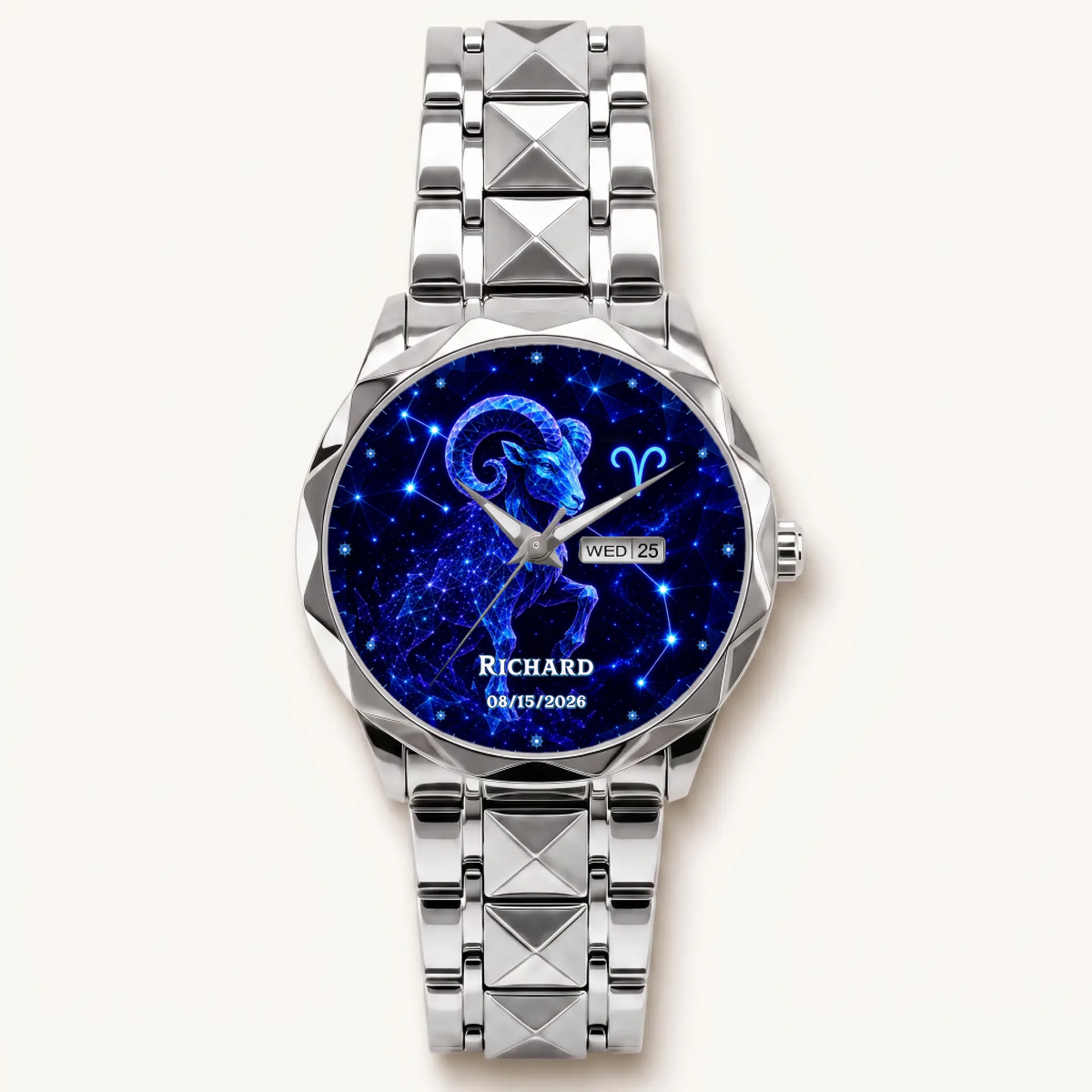 Personalized zodiac watch - silver-tone faceted bracelet and day-date display