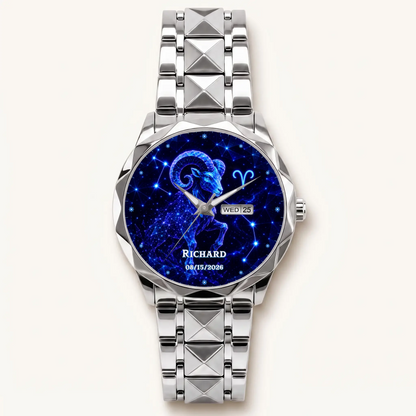 Personalized zodiac watch - silver-tone faceted bracelet and day-date display