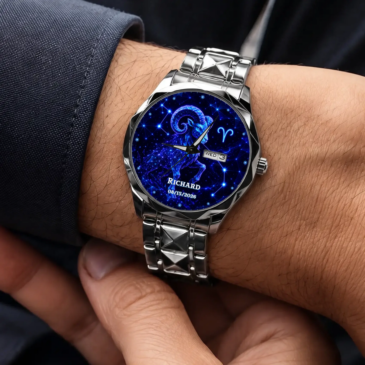 Personalized zodiac watch - silver-tone faceted bracelet worn with a suit