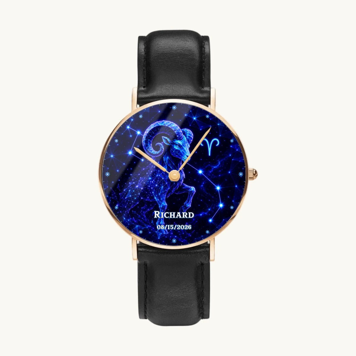 Personalized zodiac watch - rose-gold-tone case and black leather strap, front view