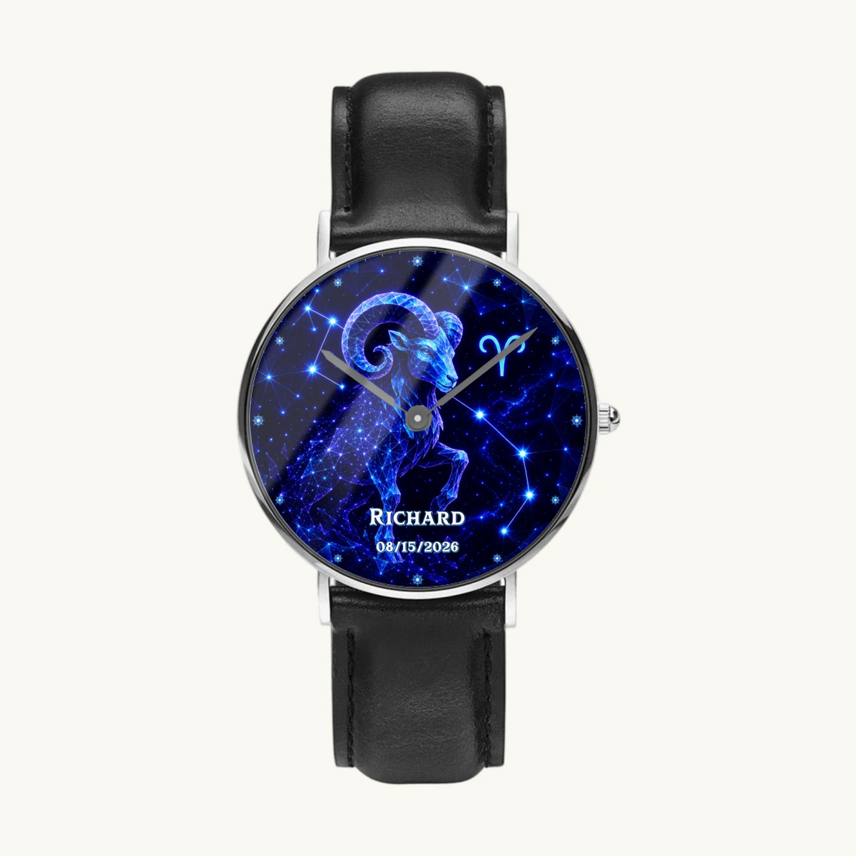 Personalized zodiac watch - silver-tone case and black leather strap, front view