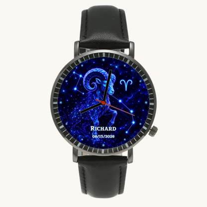 Personalized zodiac watch - black case and black leather strap, front view